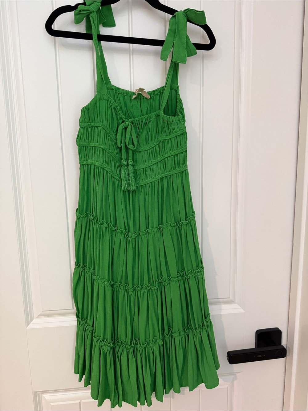 Green Tie-Shoulder Smocked Tiered Kids Dress